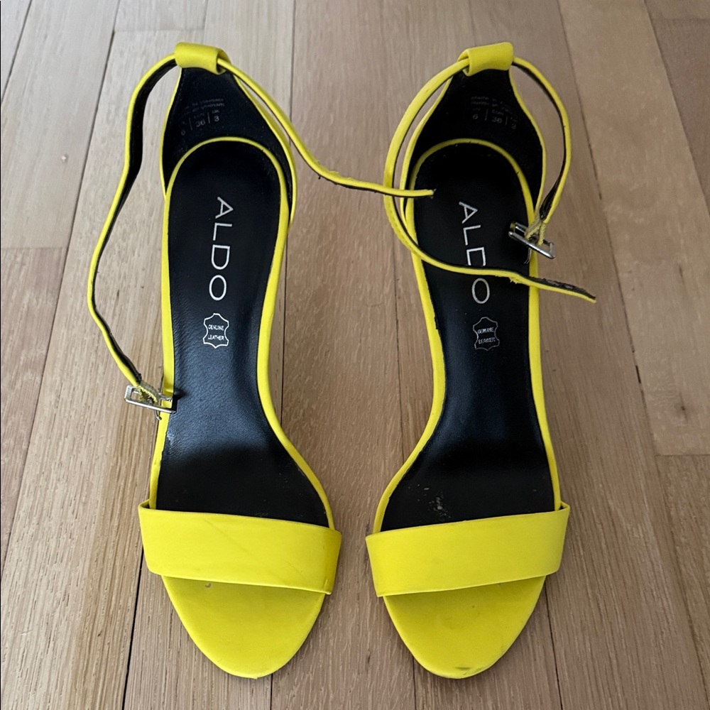 ALDO Neon Yellow Ankle Strap Heels Size 6 Stiletto Leather Sandals
